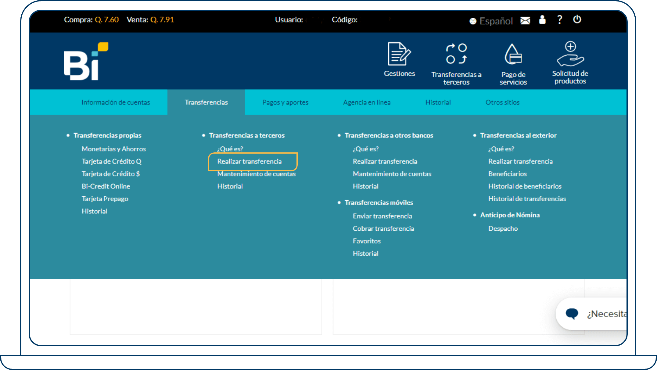 Transferencias a terceros desde Bi en Línea