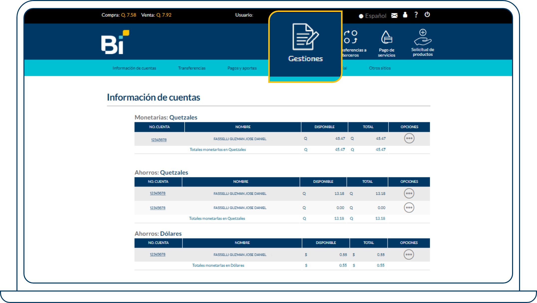 Paso 2: Haz click en la opción de “Gestiones” que se encuentra en la esquina superior derecha.