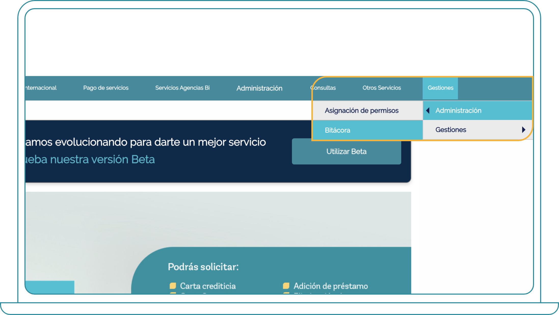 Bitácora, Paso 2: En el menú, selecciona la opción “Gestiones”, luego “Administración y Bitácora”.