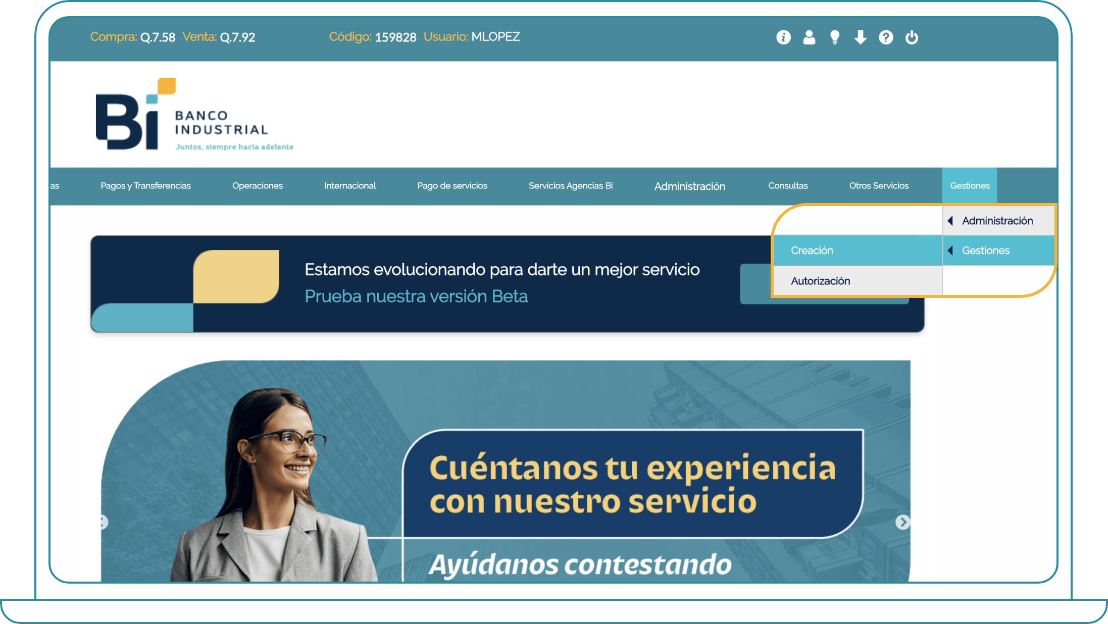 Cómo crear una gestión, Paso 2: Dirígete al menú “Gestiones”, luego “administración” y haz clic en “Creación”.