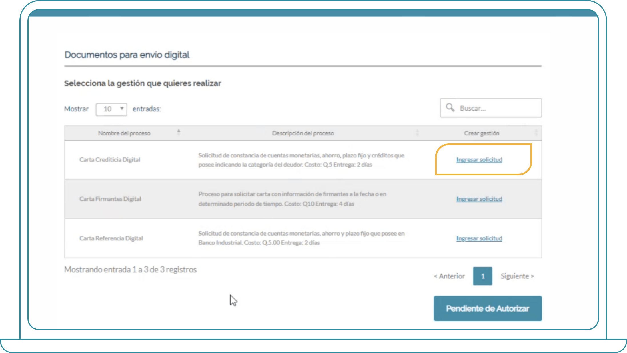 Cómo crear una gestión, Paso 4: Selecciona la gestión que deseas realizar. Y haz clic en ingresar solicitud.