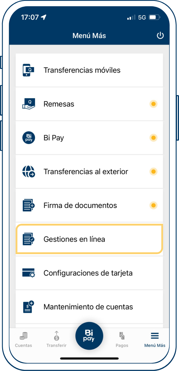 Paso 2 adición de cuentas propias desde Bi en Línea App