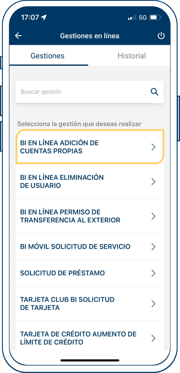 Paso 3 adición de cuentas propias desde Bi en Línea App