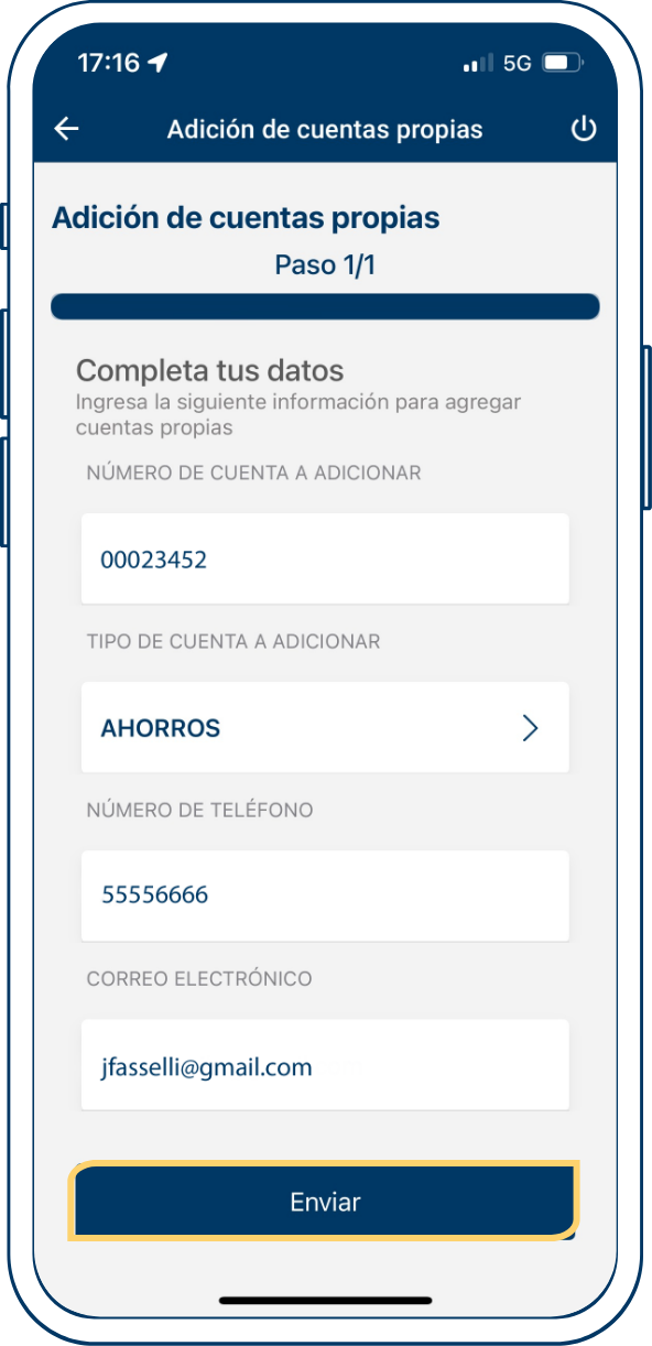 Paso 4 adición de cuentas propias desde Bi en Línea App