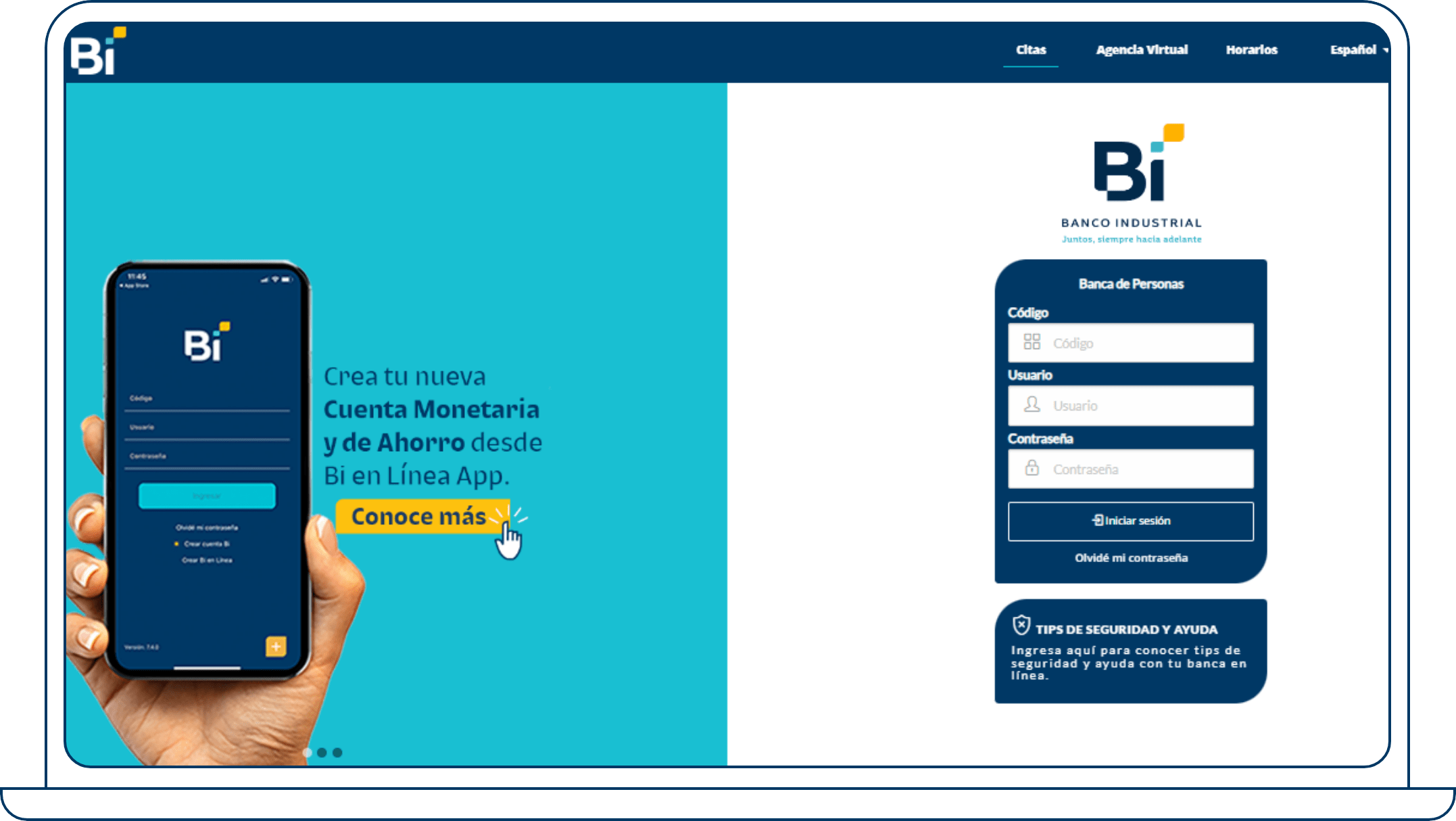 Paso 1: Ingresa a https://www.bienlinea.bi.com.gt e inicia sesión ingresando tus credenciales.
