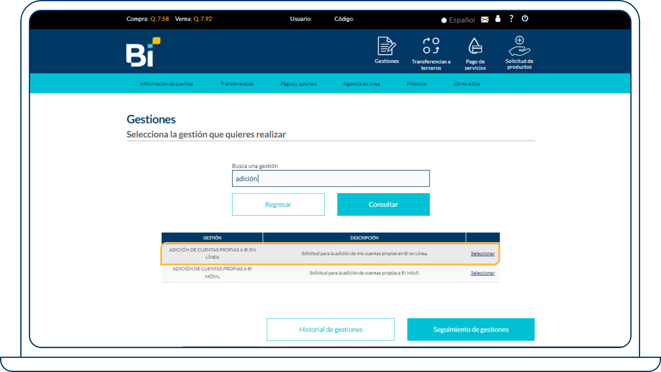 Paso 3: Ingresa la palabra clave “Adición” y selecciona la gestión “Adición de cuentas propias a Bi en Línea”.