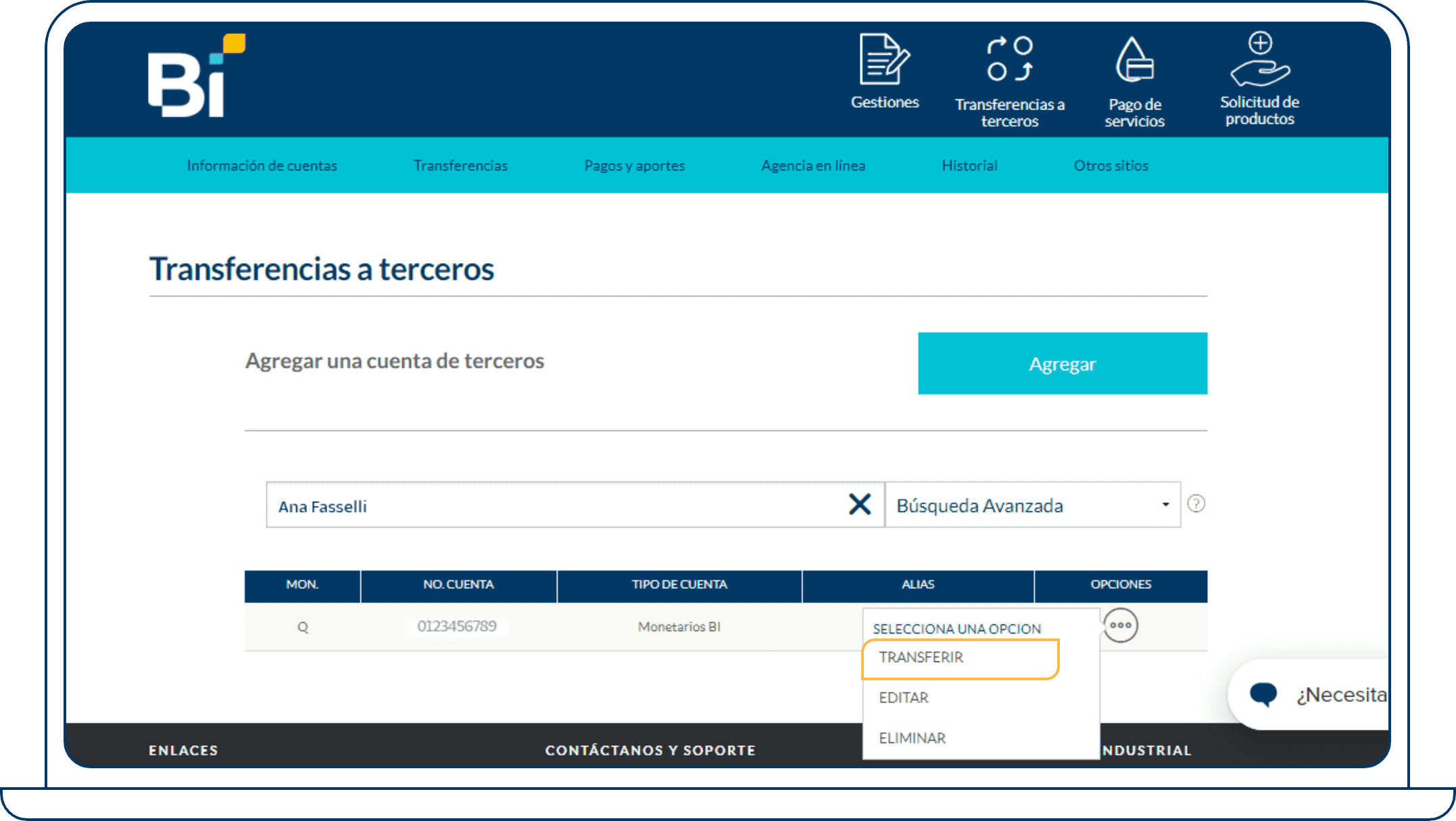 Transferencias a terceros desde Bi en Línea