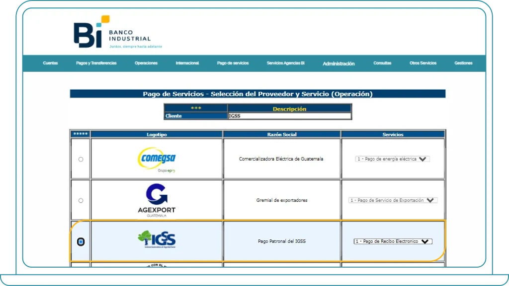 Paso 2 para el pago patronal del IGSS en Bi Banking