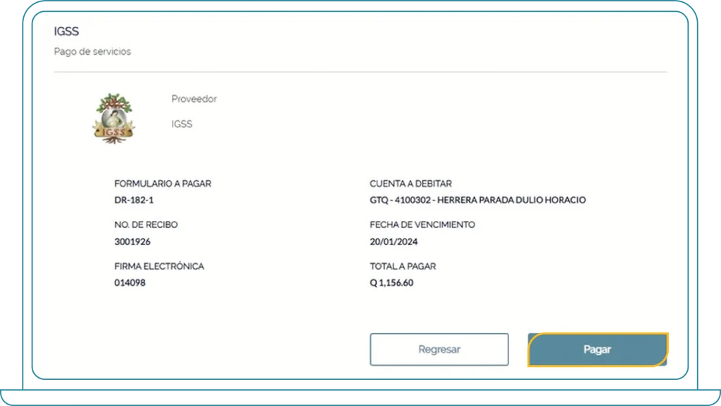 Pantalla 04 Paso 4 para el pago patronal del IGSS en Bi Banking