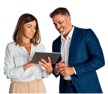 dos personas viendo un ipad planilla bi banner