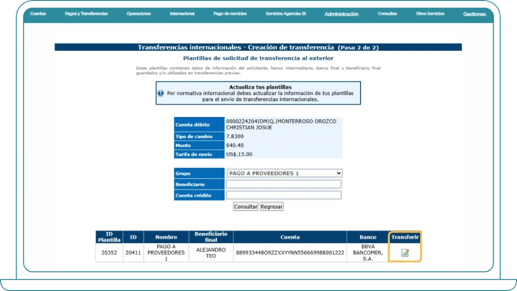 Actualización de plantilla desde el envío de la transferencia 3
