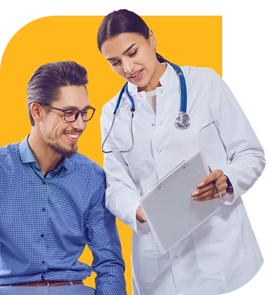 Seguro de Cáncer Hombre en una cita médica de seguimiento