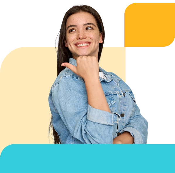 Mujer feliz señalando los beneficio Mujer feliz señalando los beneficio
