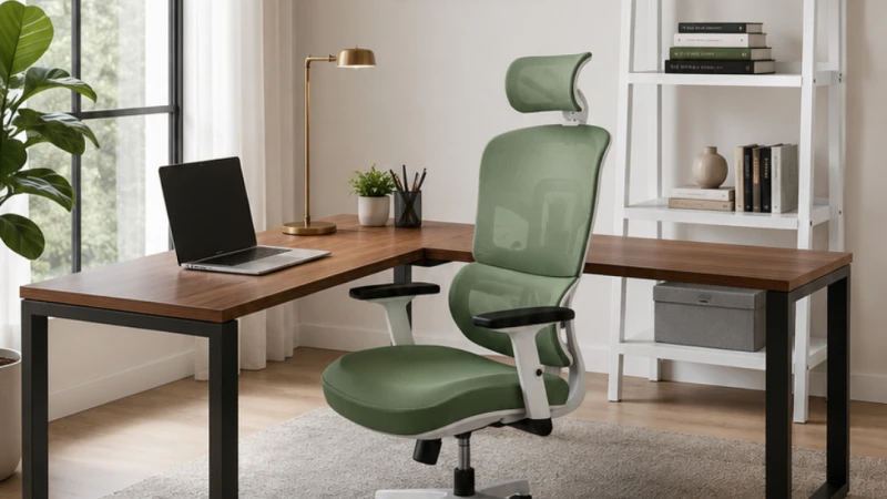 Imagen de una oficina con una silla de oficina ergonómica de color verde en el centro.