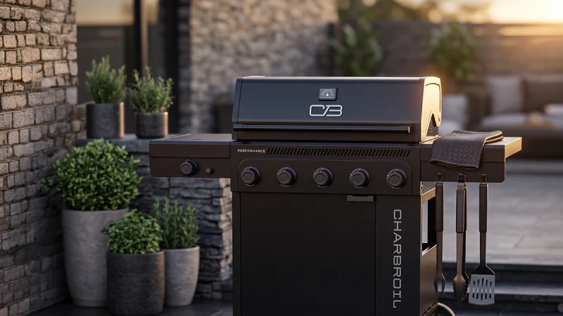Imagen de un patio moderno con una barbacoa a gas negra al centro.