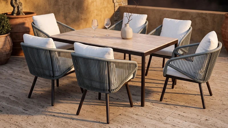Imagen de un patio con un comedor de exterior blanco al centro.
