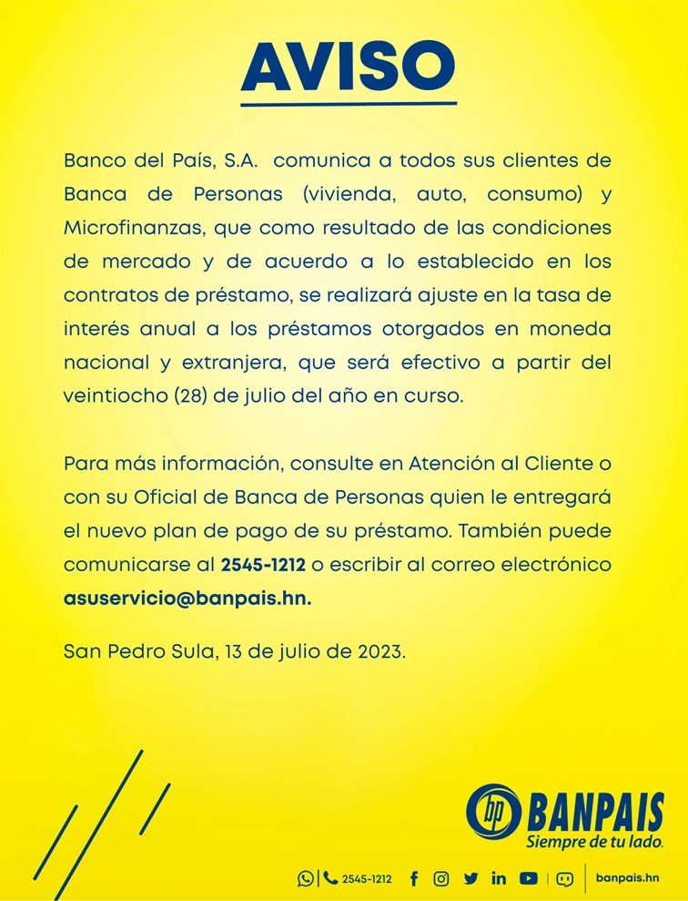 Aviso cambio de tasas en préstamos