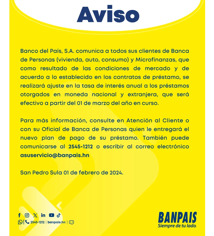 Aviso tasa de interés de préstamos Banpaís