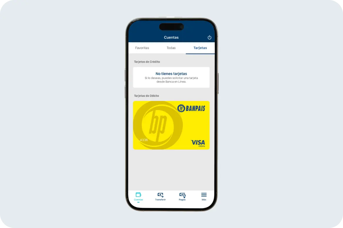 PAGO SIN CONTACTO BANPAIS Imagen de BP en Línea App desde la pestaña Tarjetas
